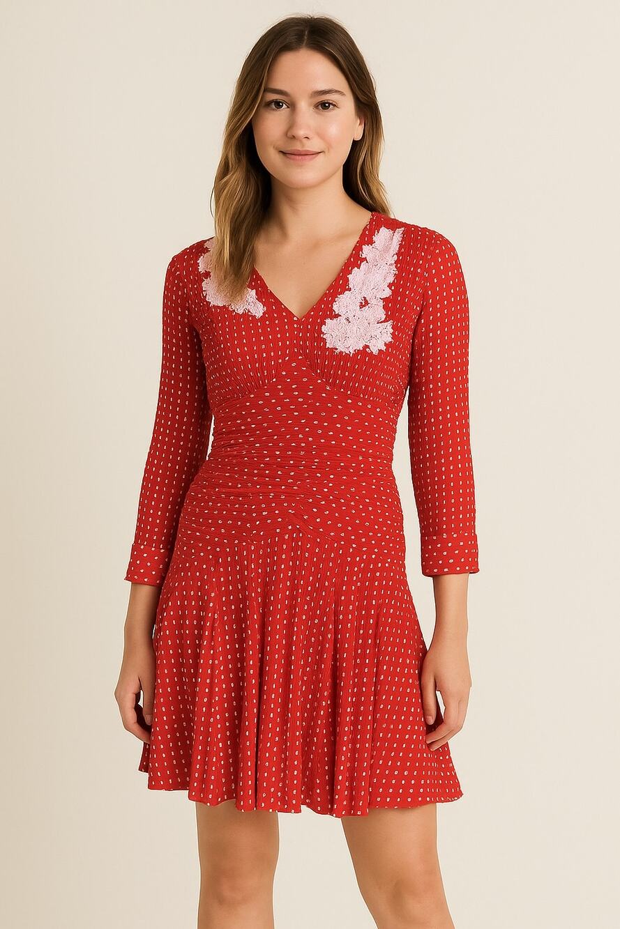 Red white Polka Dot Ruched Drop Waist Floral applique Retro Romantic Y2k Sz S/M